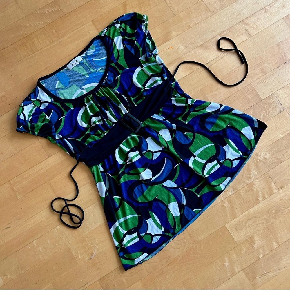 Ally B Abstract, Colorful Belted Blouse, Blue, Green, Green, White, Size L - Picture 16 of 17
